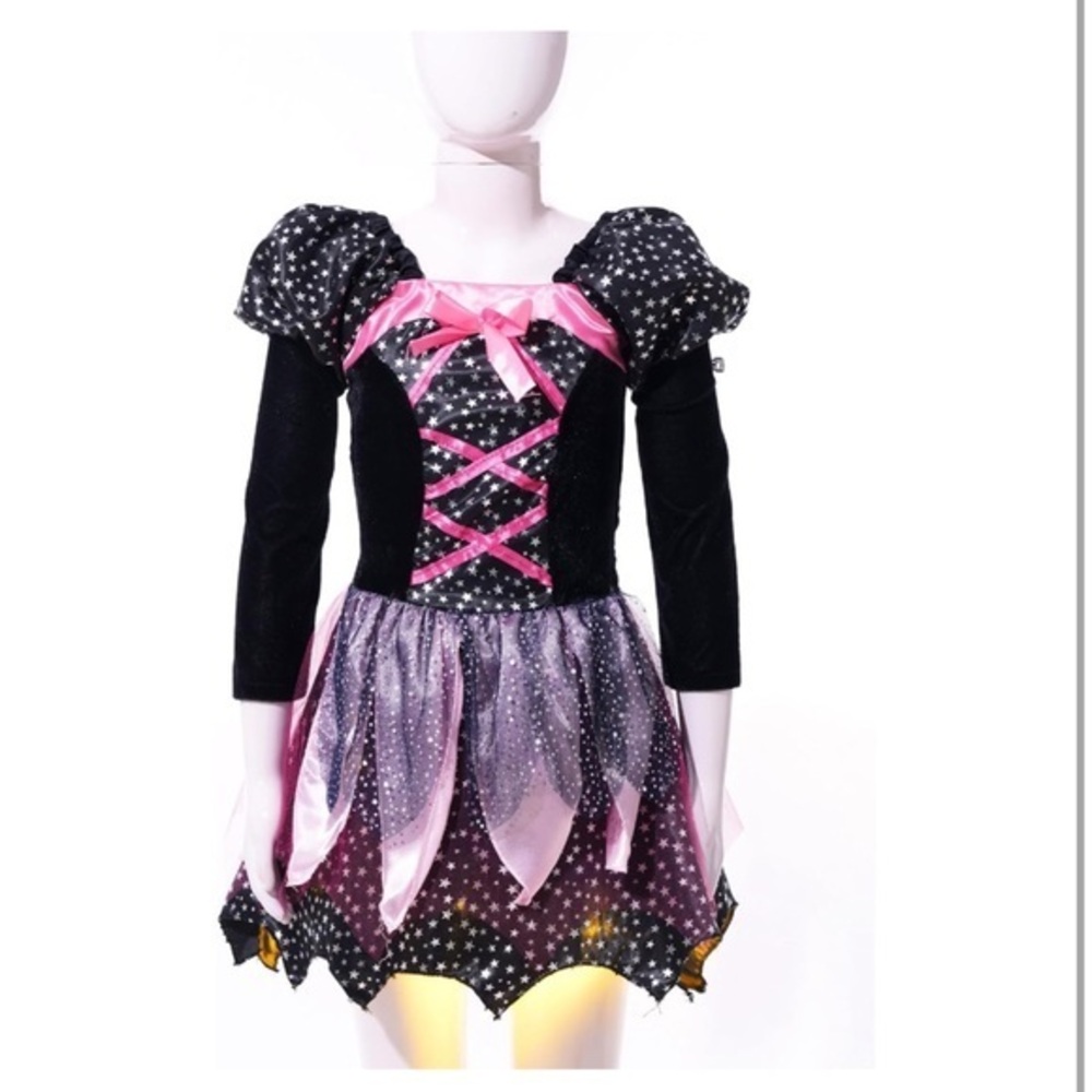 CLOUDKIDS Halloween Witch Costume Outfit Velvet Long Sleeves Sparkly Dress -M